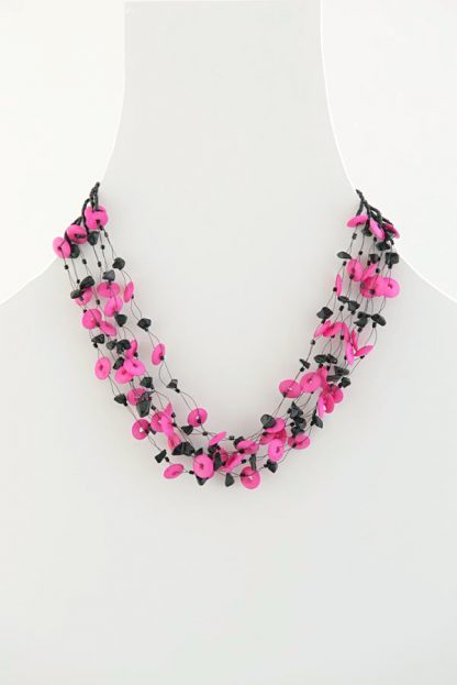 wooden bead necklace black and fuchsia