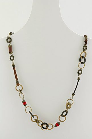 Long necklace in a mix of cord , metallic links and beads in colours of coffee, bronze , khaki and amber